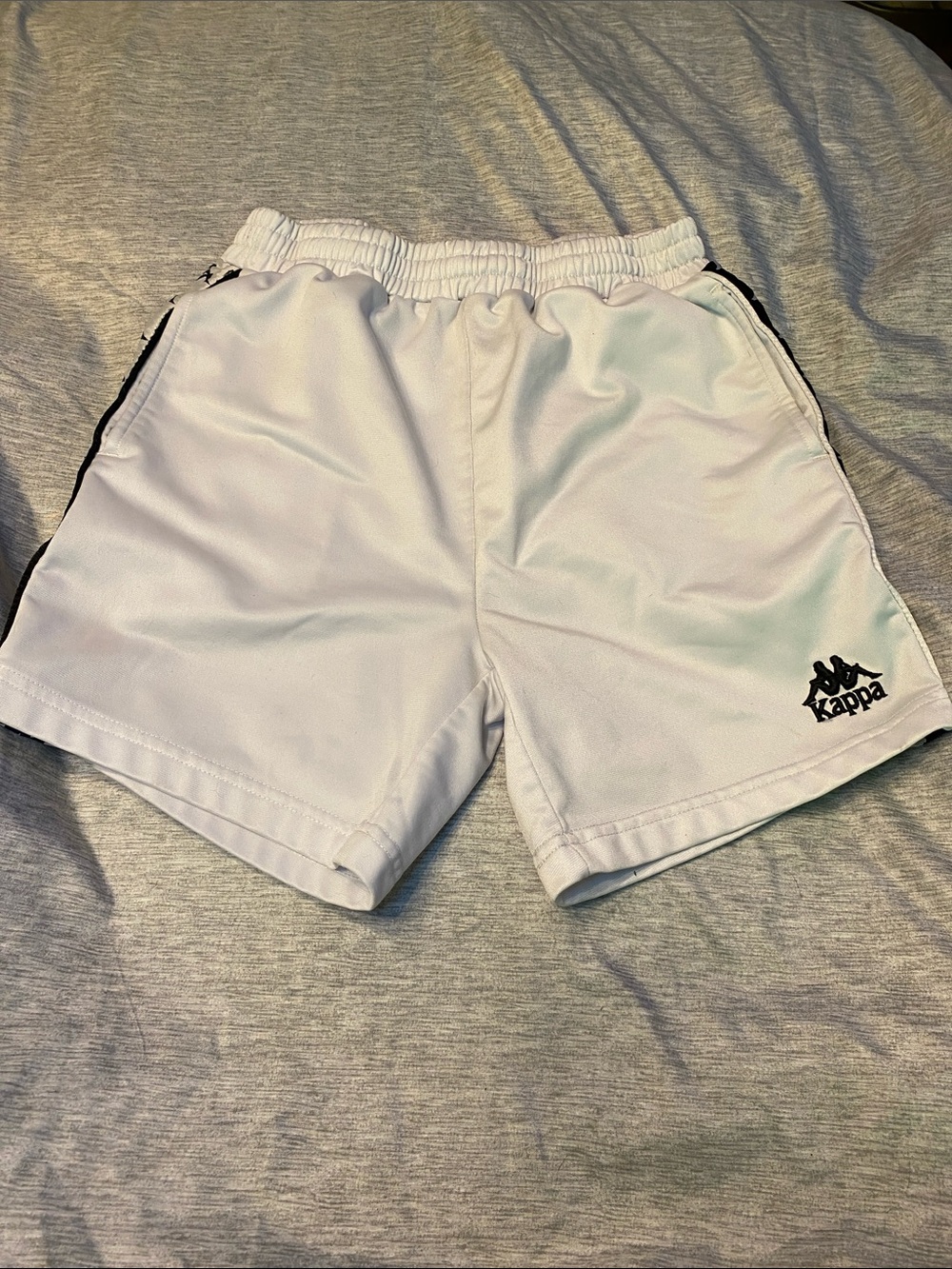 Kappa Shorts Mens Sz S White & Black Nylon Track Side Tape Logo w/ Drawstring